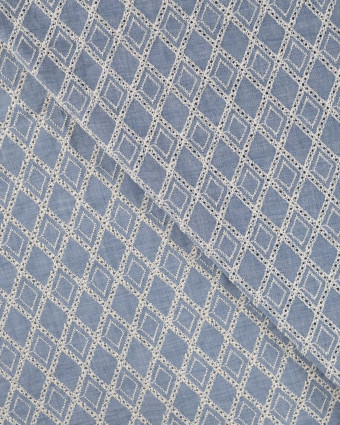 Tissu Coton Brodé Bleu Jean Géométrique - Mercerine
