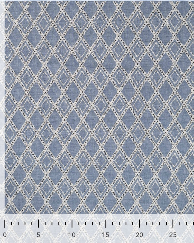Tissu Coton Brodé Bleu Jean Géométrique - Mercerine