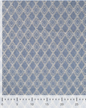 Tissu Coton Brodé Bleu Jean Géométrique - Mercerine