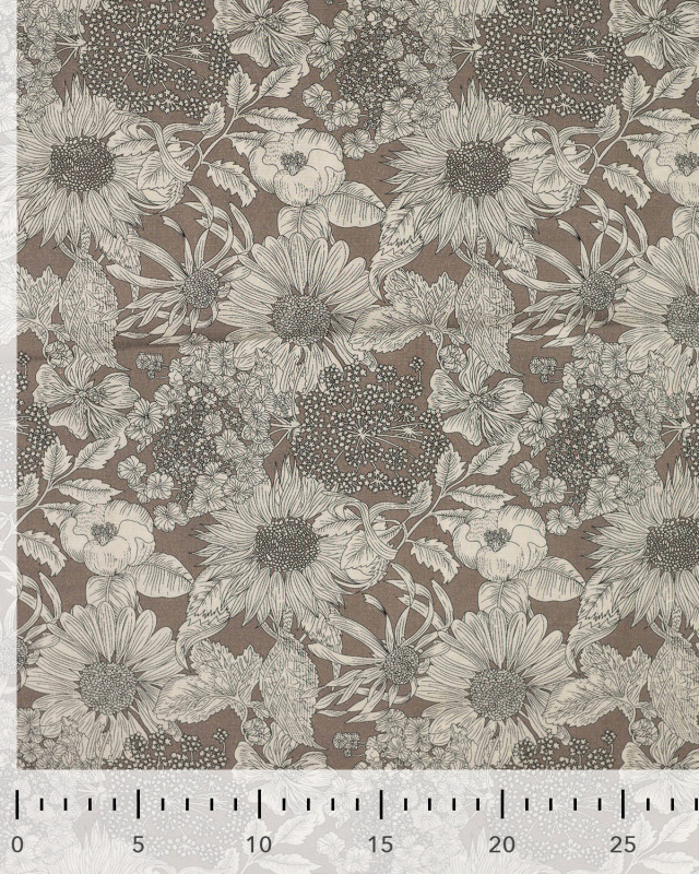 Tissu Tencel Lin Motif Fleuri Taupe - Mercerine