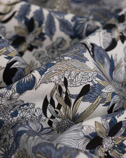 Tissu Tencel Lin Motif Fleuri Bleu - Mercerine