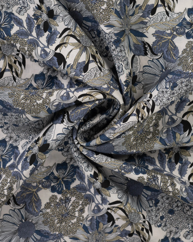 Tissu Tencel Lin Motif Fleuri Bleu - Mercerine
