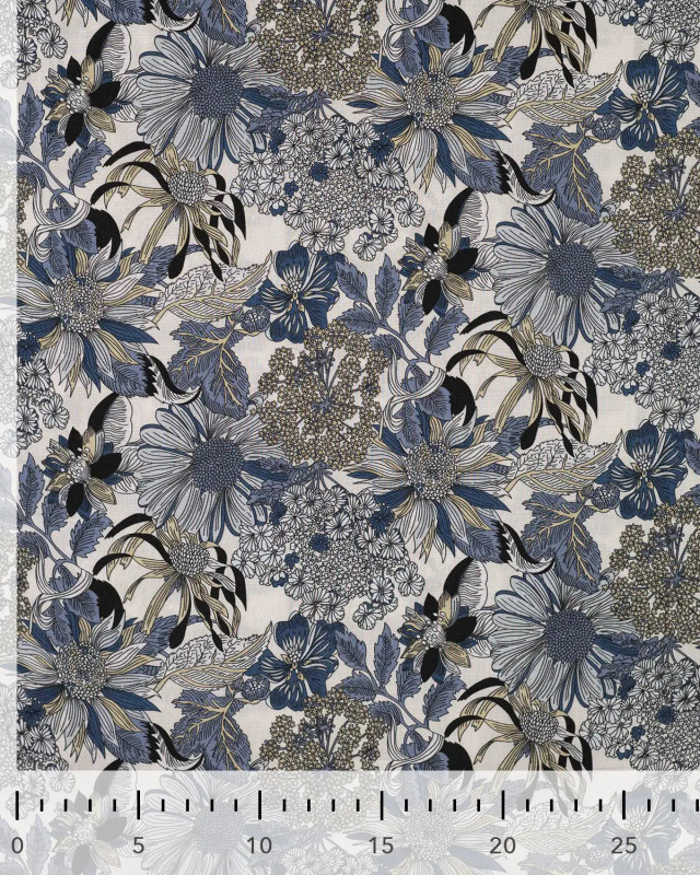 Tissu Tencel Lin Motif Fleuri Bleu - Mercerine