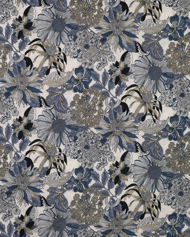 Tissu Tencel Lin Motif Fleuri Bleu - Mercerine
