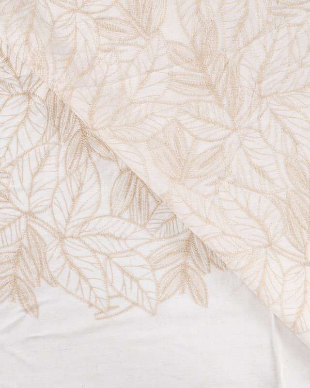 Tissu Coton Brodé Feuillage Beige Naturel - Mercerine