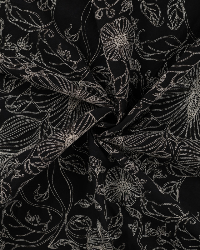 Tissu Coton Brodé Noir Motif Fleuri Brodé - Mercerine