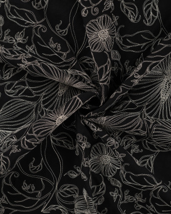 Tissu Coton Brodé Noir Motif Fleuri Brodé - Mercerine