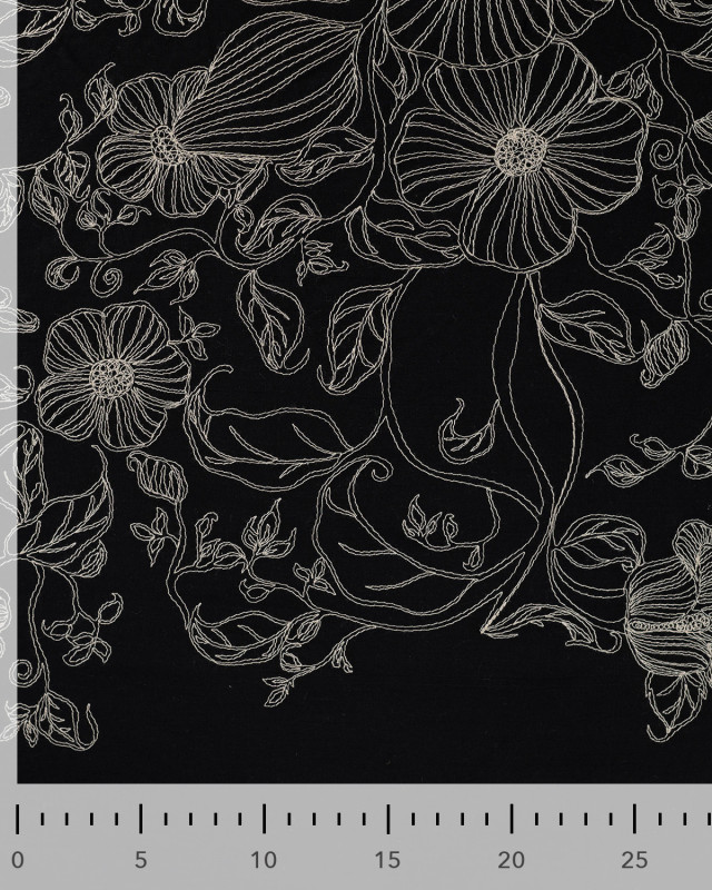 Tissu Coton Brodé Noir Motif Fleuri Brodé - Mercerine