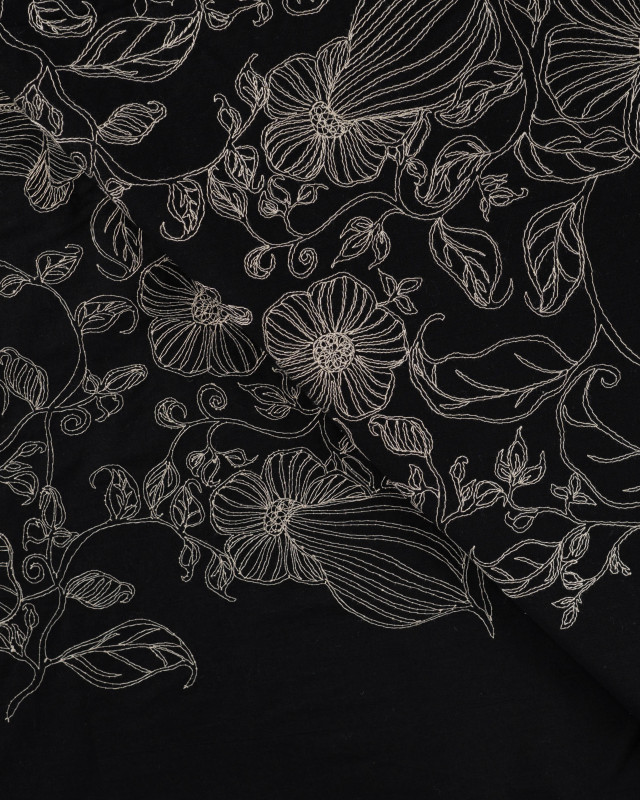 Tissu Coton Brodé Noir Motif Fleuri Brodé - Mercerine