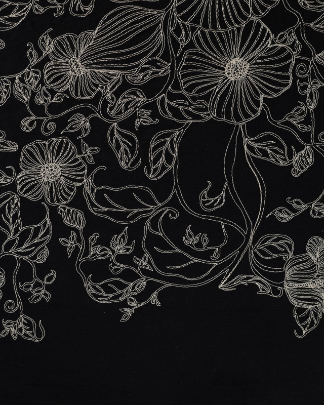 Tissu Coton Brodé Noir Motif Fleuri Brodé - Mercerine