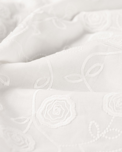 Tissu Coton Blanc Roses Bordées Ton sur Ton  - Mercerine
