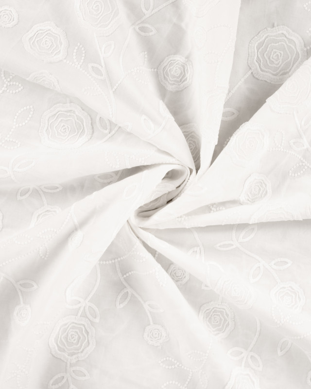 Tissu Coton Blanc Roses Bordées Ton sur Ton  - Mercerine
