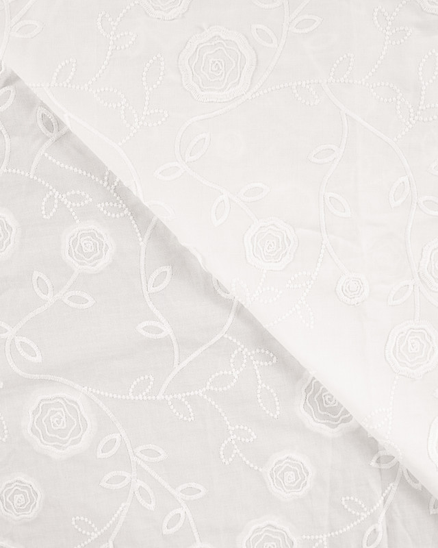 Tissu Coton Blanc Roses Bordées Ton sur Ton  - Mercerine