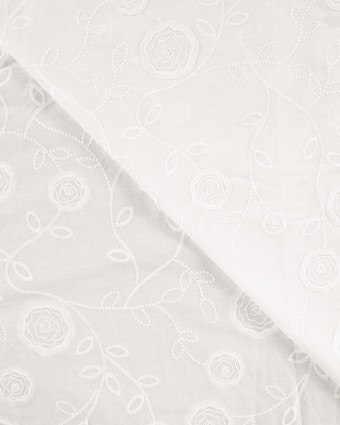Tissu Coton Blanc Roses Bordées Ton sur Ton  - Mercerine