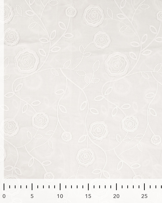 Tissu Coton Blanc Roses Bordées Ton sur Ton  - Mercerine