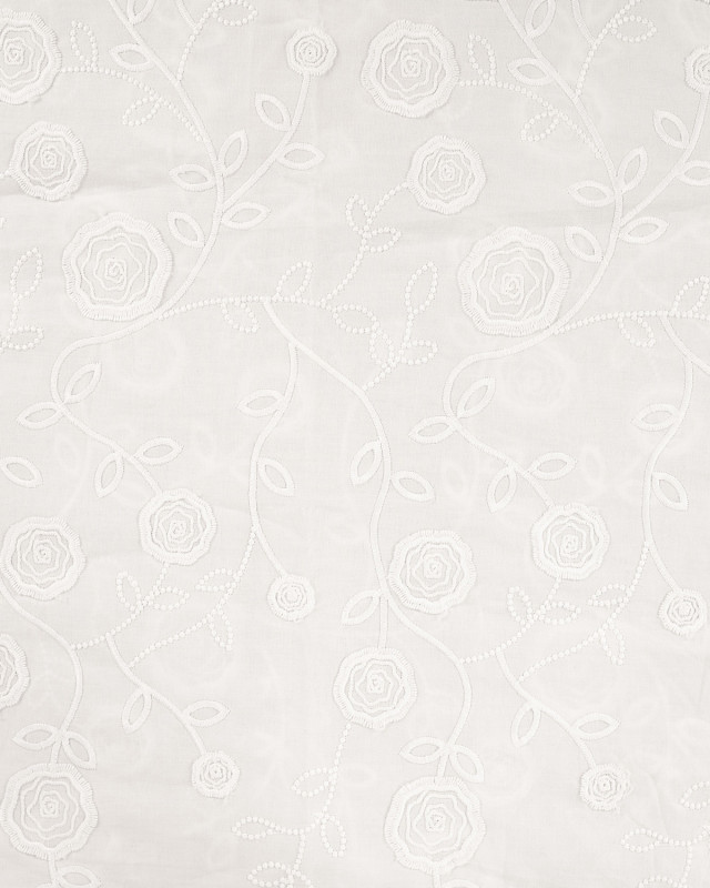 Tissu Coton Blanc Roses Bordées Ton sur Ton  - Mercerine