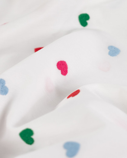 Tissu Coton Blanc Brodé Petits Coeurs Multicolores - Mercerine