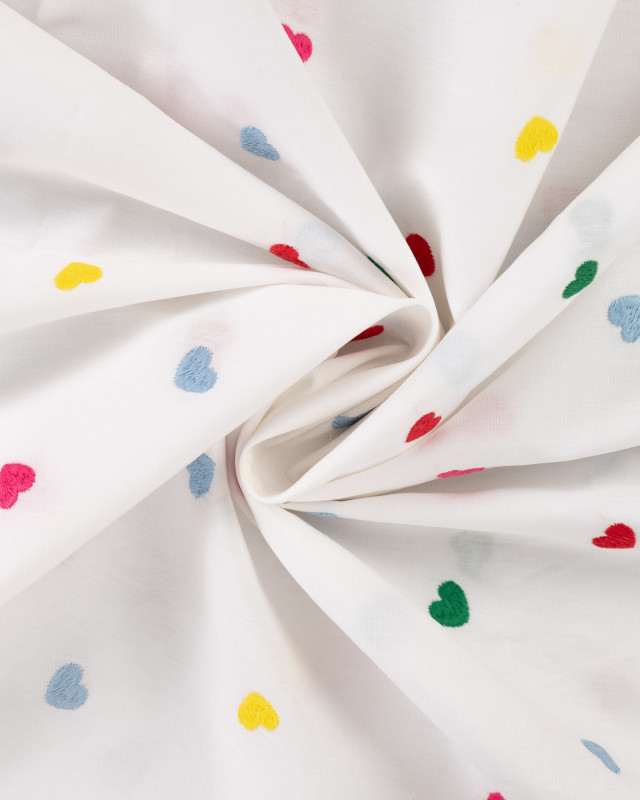Tissu Coton Blanc Brodé Petits Coeurs Multicolores - Mercerine