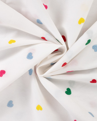 Tissu Coton Blanc Brodé Petits Coeurs Multicolores - Mercerine
