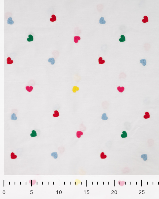 Tissu Coton Blanc Brodé Petits Coeurs Multicolores - Mercerine