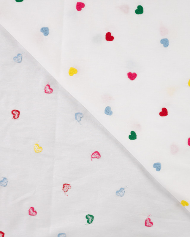 Tissu Coton Blanc Brodé Petits Coeurs Multicolores - Mercerine