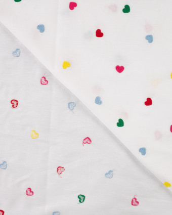 Tissu Coton Blanc Brodé Petits Coeurs Multicolores - Mercerine