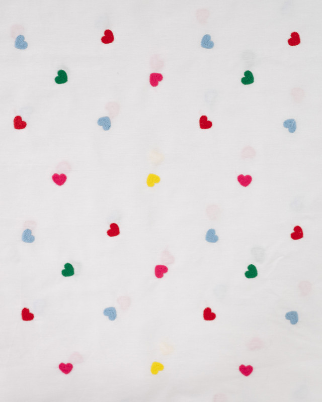 Tissu Coton Blanc Brodé Petits Coeurs Multicolores - Mercerine