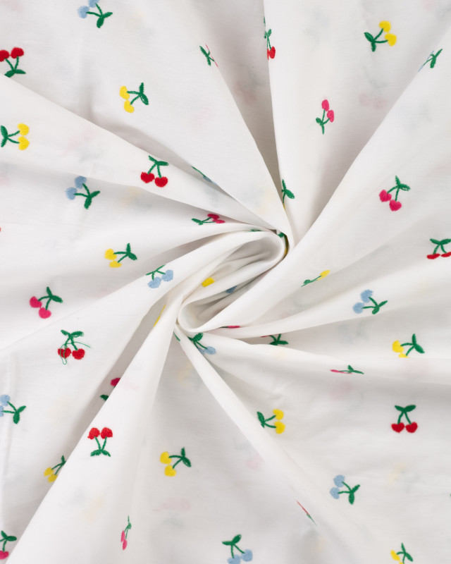 Tissu Coton Blanc Brodé Petits Cerises Multicolores - Mercerine