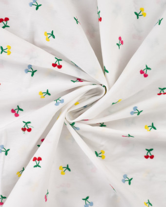 Tissu Coton Blanc Brodé Petits Cerises Multicolores - Mercerine