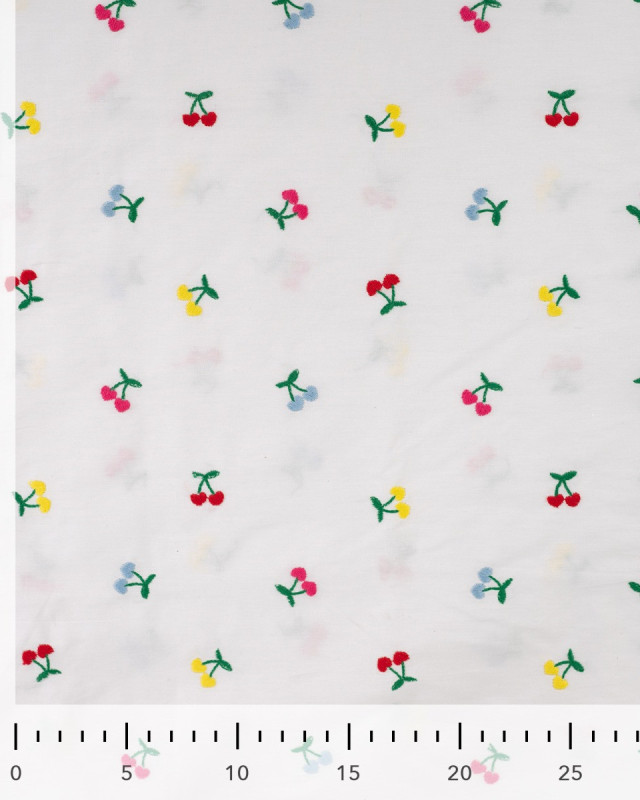 Tissu Coton Blanc Brodé Petits Cerises Multicolores - Mercerine