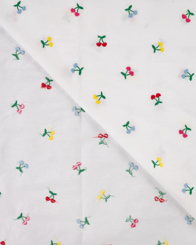 Tissu Coton Blanc Brodé Petits Cerises Multicolores - Mercerine
