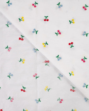Tissu Coton Blanc Brodé Petits Cerises Multicolores - Mercerine