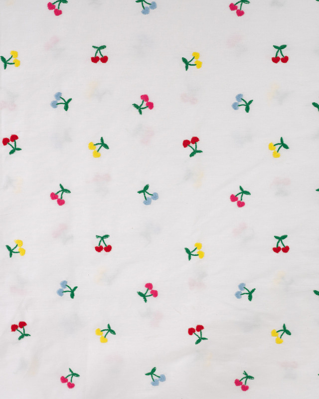Tissu Coton Blanc Brodé Petits Cerises Multicolores - Mercerine