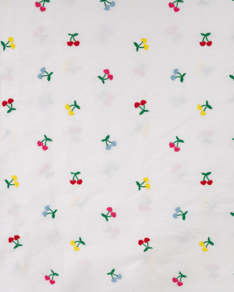 Tissu Coton Blanc Brodé Petits Cerises Multicolores - Mercerine