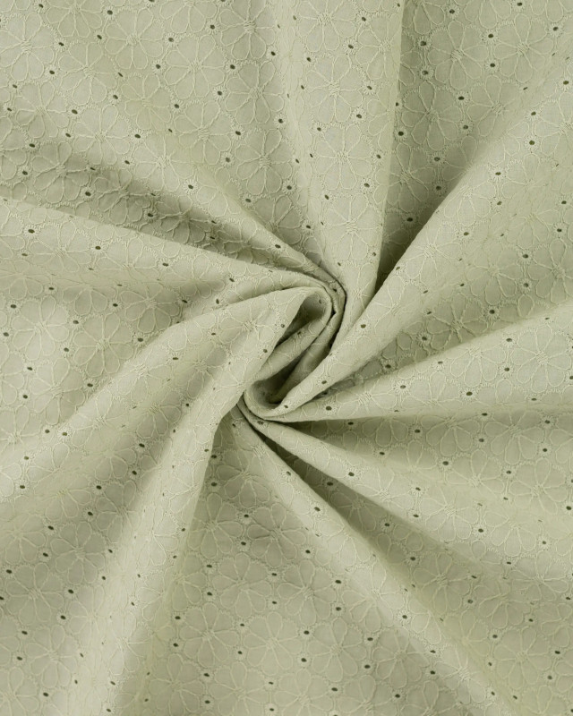 Tissu Coton Brodé Fleuri Festonné Vert Sauge - Mercerine