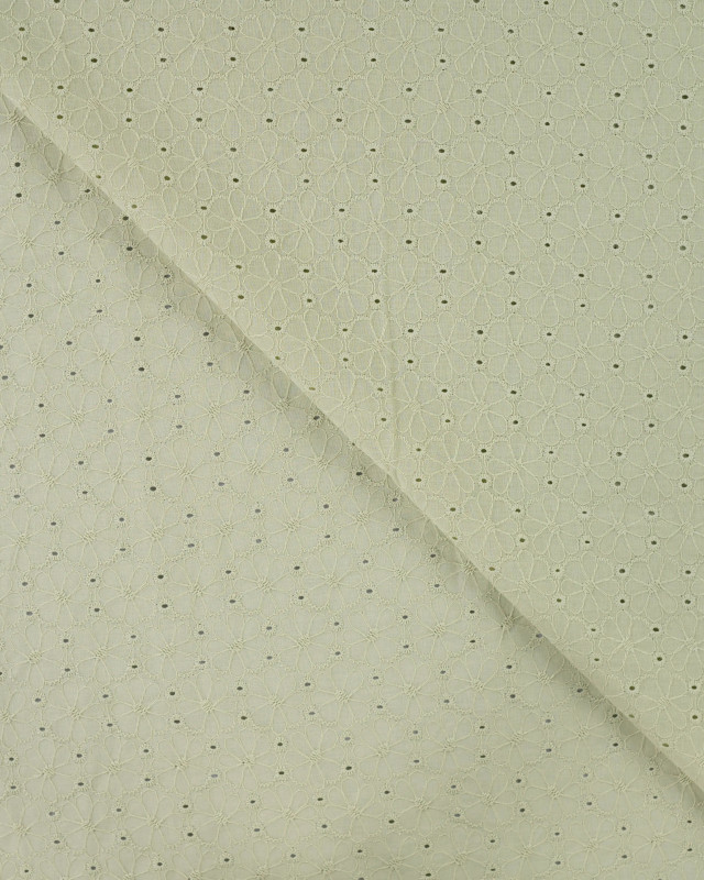 Tissu Coton Brodé Fleuri Festonné Vert Sauge - Mercerine
