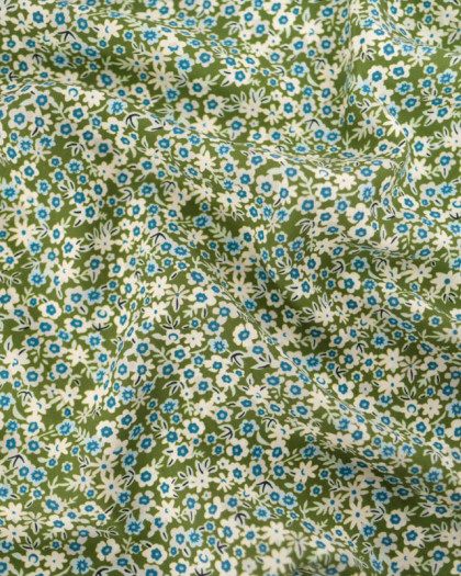 Tissu Viscose Petites Fleurs Bleues Fond Kaki - Mercerine