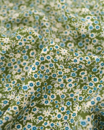 Tissu Viscose Petites Fleurs Bleues Fond Kaki - Mercerine