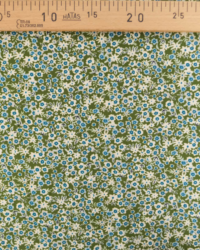 Tissu Viscose Petites Fleurs Bleues Fond Kaki - Mercerine