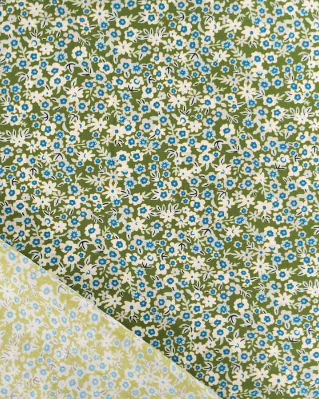 Tissu Viscose Petites Fleurs Bleues Fond Kaki - Mercerine