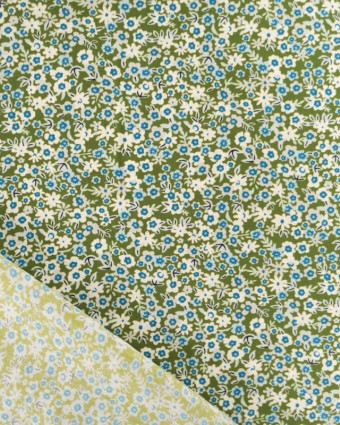 Tissu Viscose Petites Fleurs Bleues Fond Kaki - Mercerine