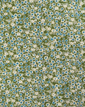 Tissu Viscose Petites Fleurs Bleues Fond Kaki - Mercerine