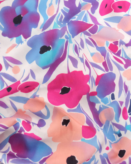 Tissu Viscose Jolies Fleurs Roses et Mauves - Mercerine