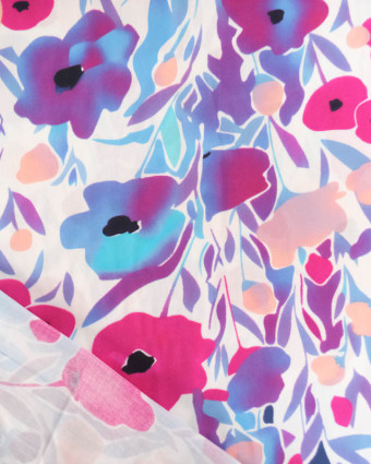 Tissu Viscose Jolies Fleurs Roses et Mauves - Mercerine