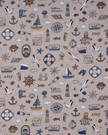 Tissu Effet Lin Nautical Doodle - Mercerine