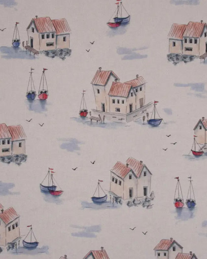 Tissu Effet Lin Digital Seaside House - Mercerine
