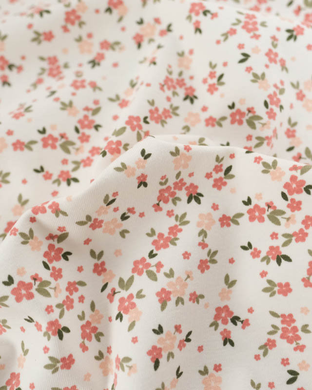 Tissu Jersey de Coton Ecru Petites Fleurs Rose Poudré - Mercerine