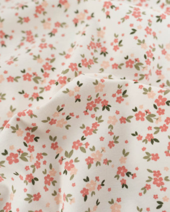 Tissu Jersey de Coton Ecru Petites Fleurs Rose Poudré - Mercerine