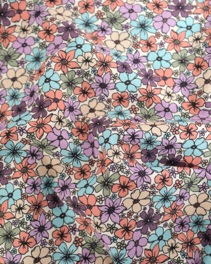 Popeline de Coton Motif Fleuri Mauve et Bleu - Mercerine