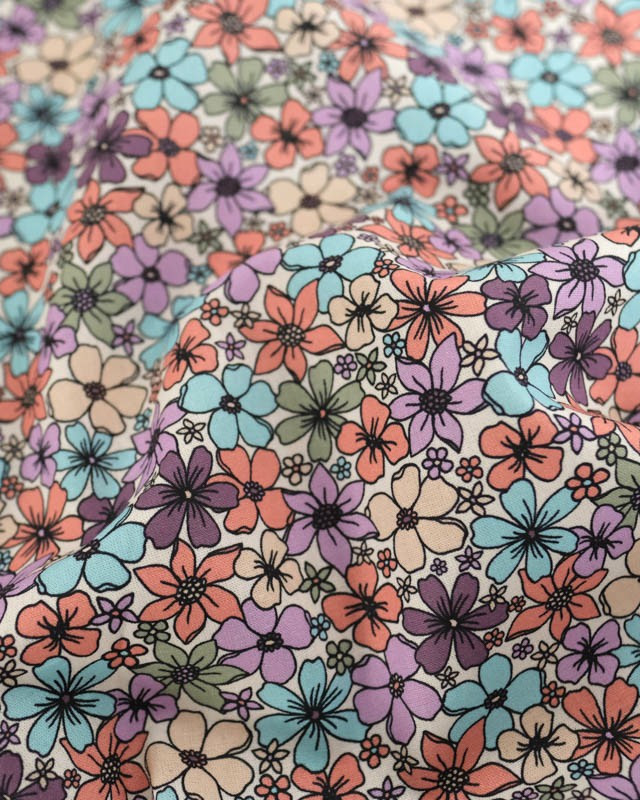 Popeline de Coton Motif Fleuri Bleu et Myrtille - Mercerine